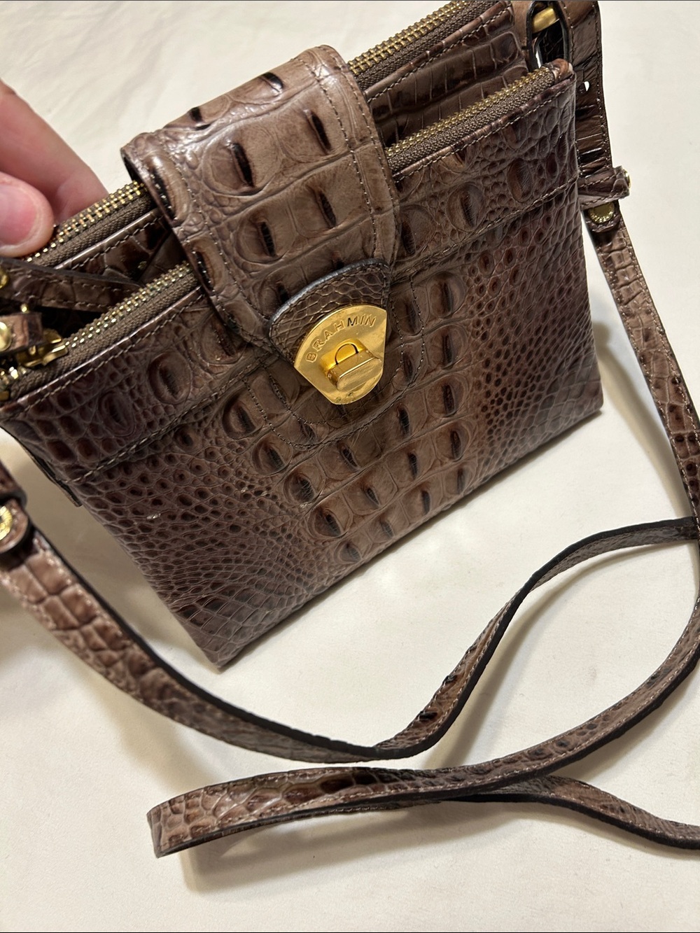 Brahmin Taupe Croc-Embossed Crossbody with Gold Hardware